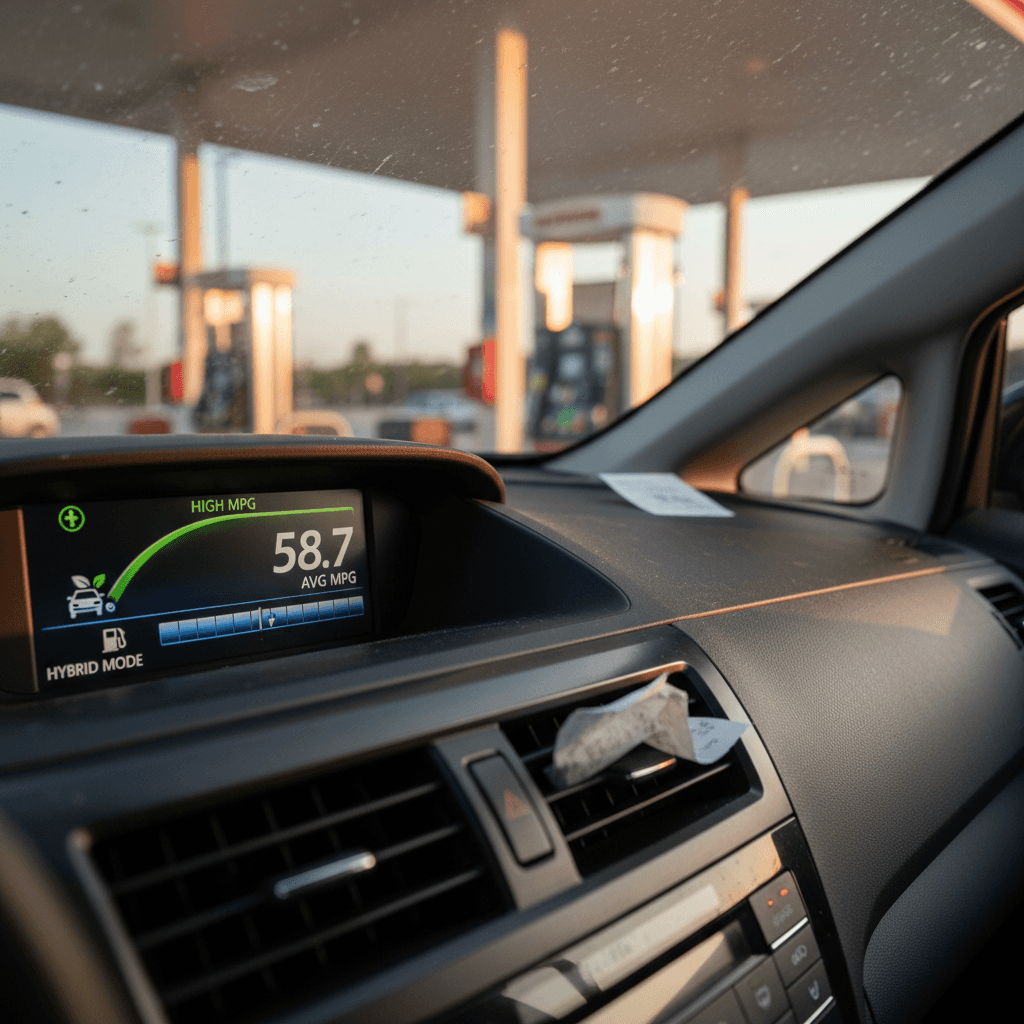 Hybrid car dashboard display showing high fuel economy and efficiency gauge