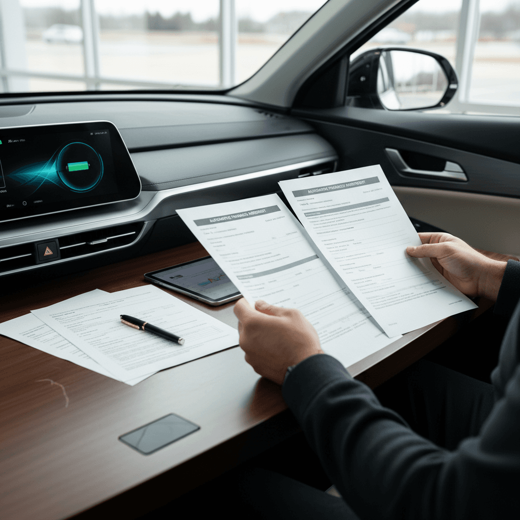 Customer reviewing auto loan options and APRs next to a Kia EV9, highlighting the impact of financing on total cost.