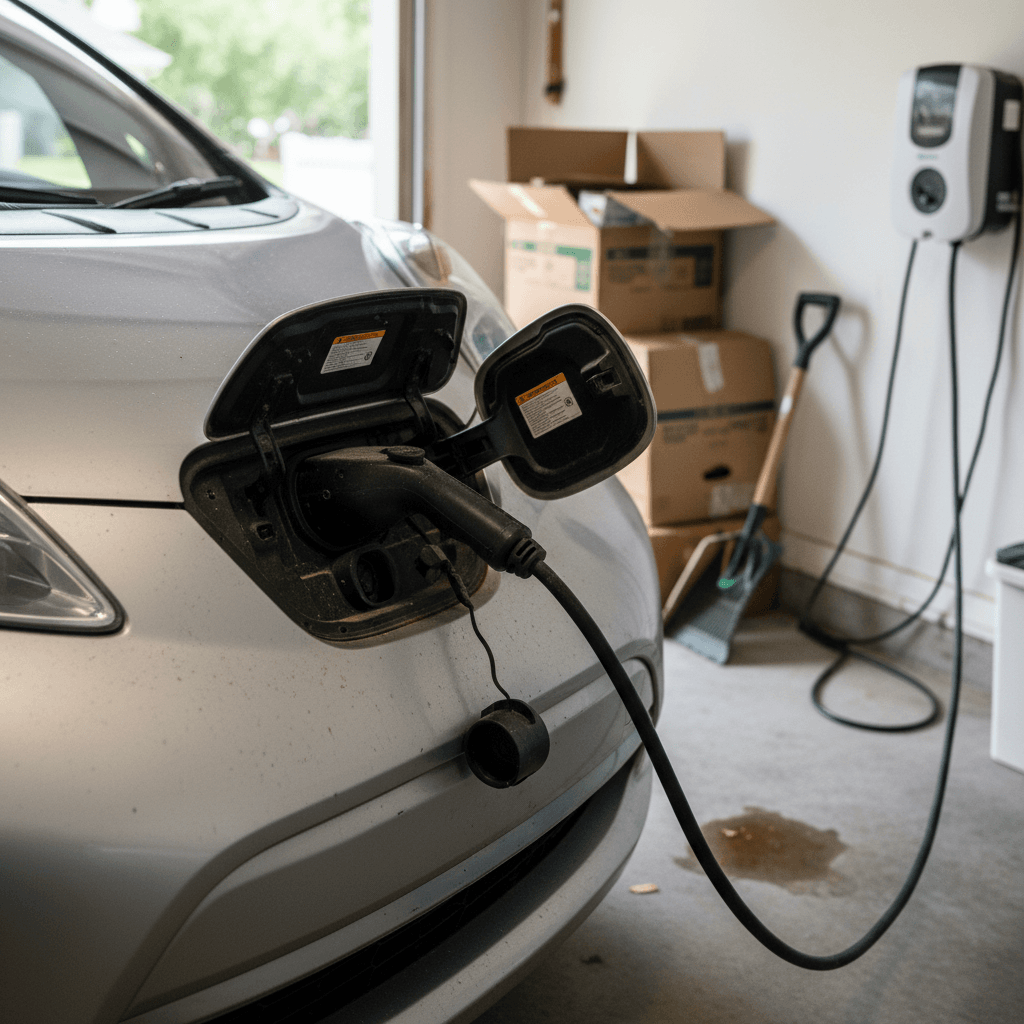Used electric vehicle charging at a home garage in a Virginia suburb
