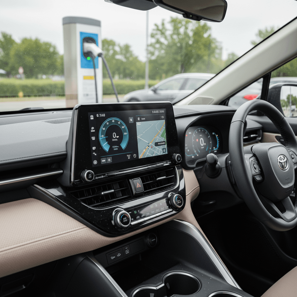 Dashboard and center touchscreen of a 2023 Toyota bZ4X parked and charging at a public station
