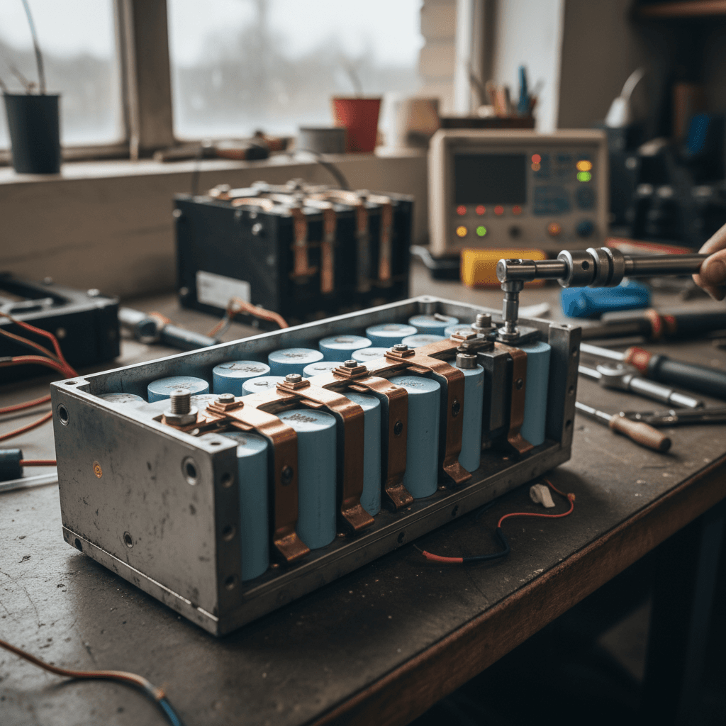 Technician removing a high-voltage EV battery pack from under an electric car