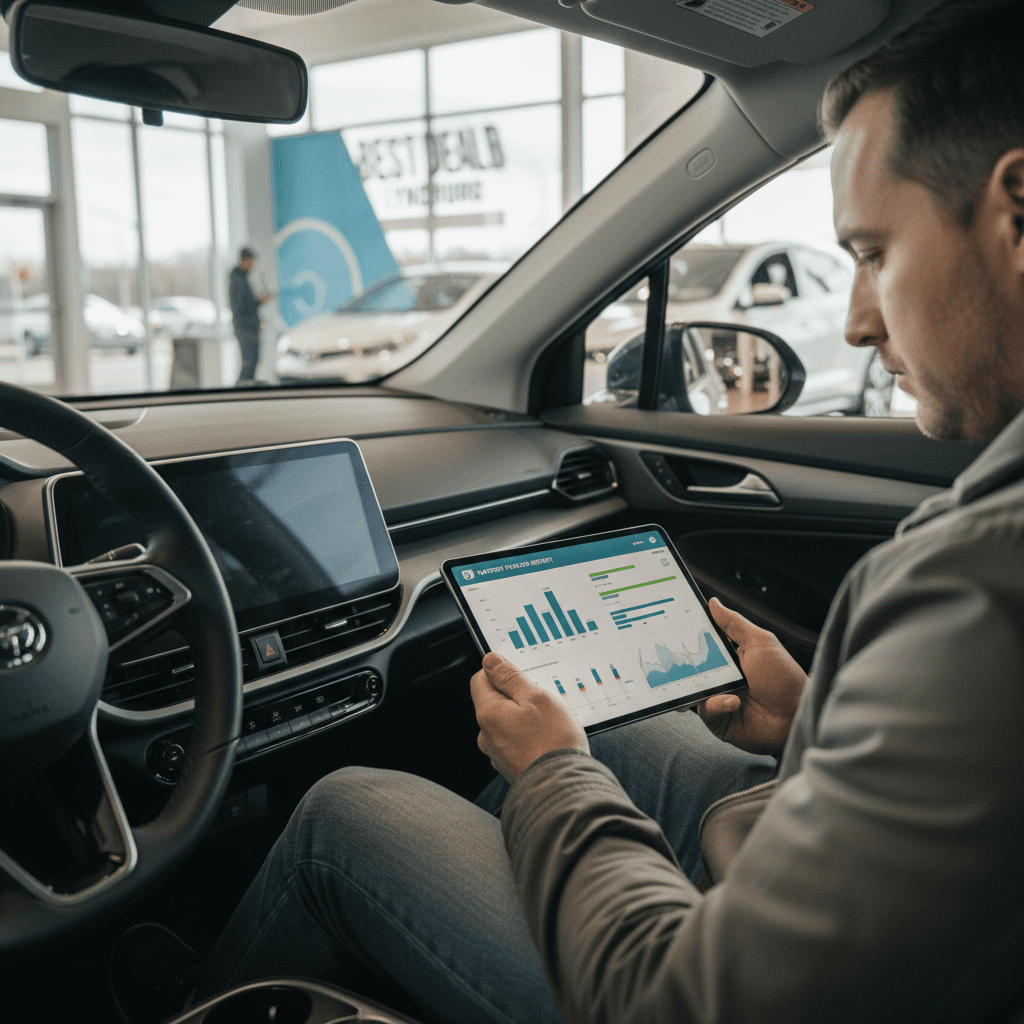Customer reviewing a detailed used EV battery health and pricing report at a modern showroom desk