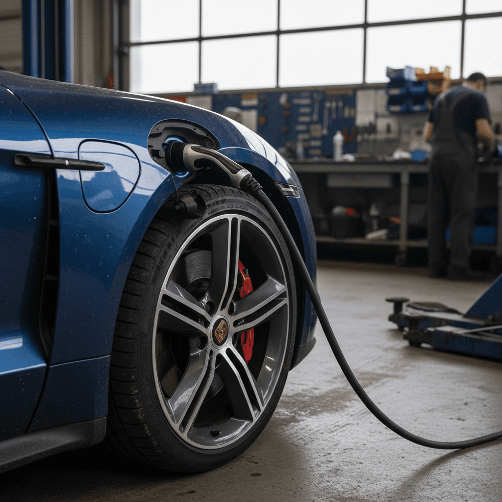 Porsche Taycan plugged in at a service bay while a technician checks diagnostics on a tablet