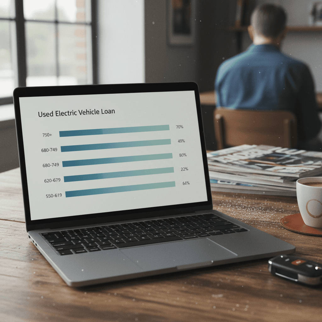 Laptop screen displaying interest rate options for a used EV loan next to electric car key fob on desk