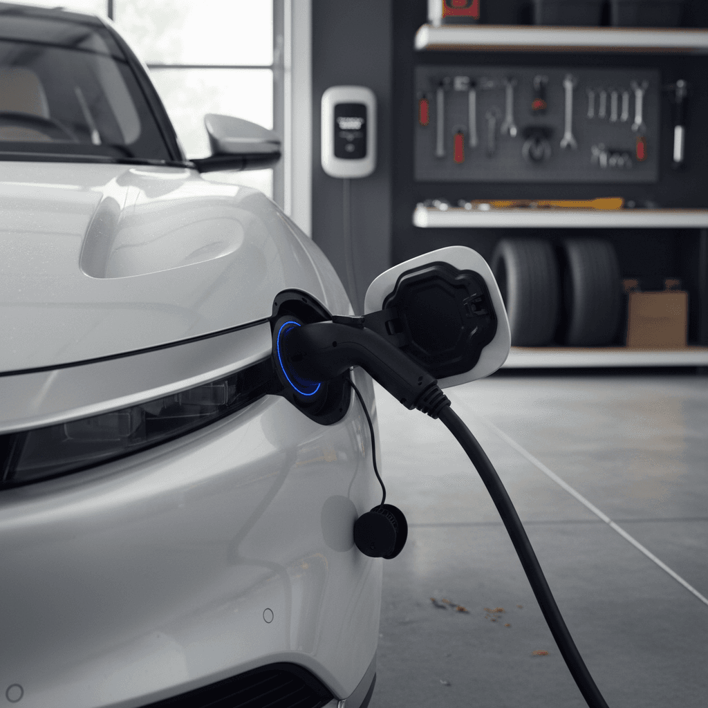 Lucid Air connected to a Level 2 J1772 wall charger in a residential garage