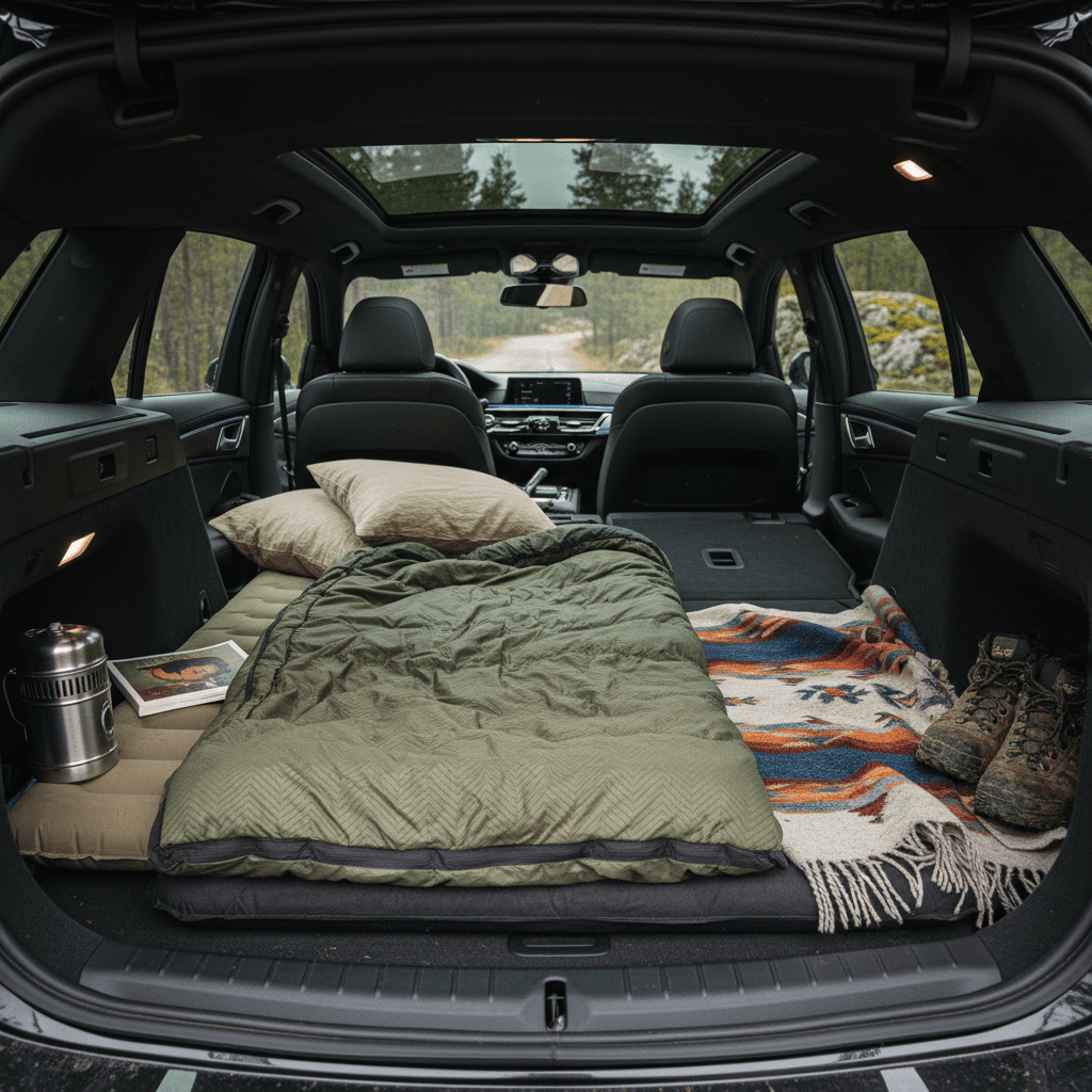 BMW i5 rear seats folded down with a compact mattress and bedding arranged for car camping