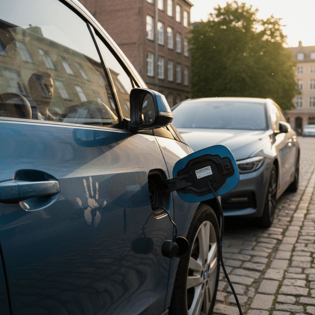 BMW i3 electric car driving through a modern city street