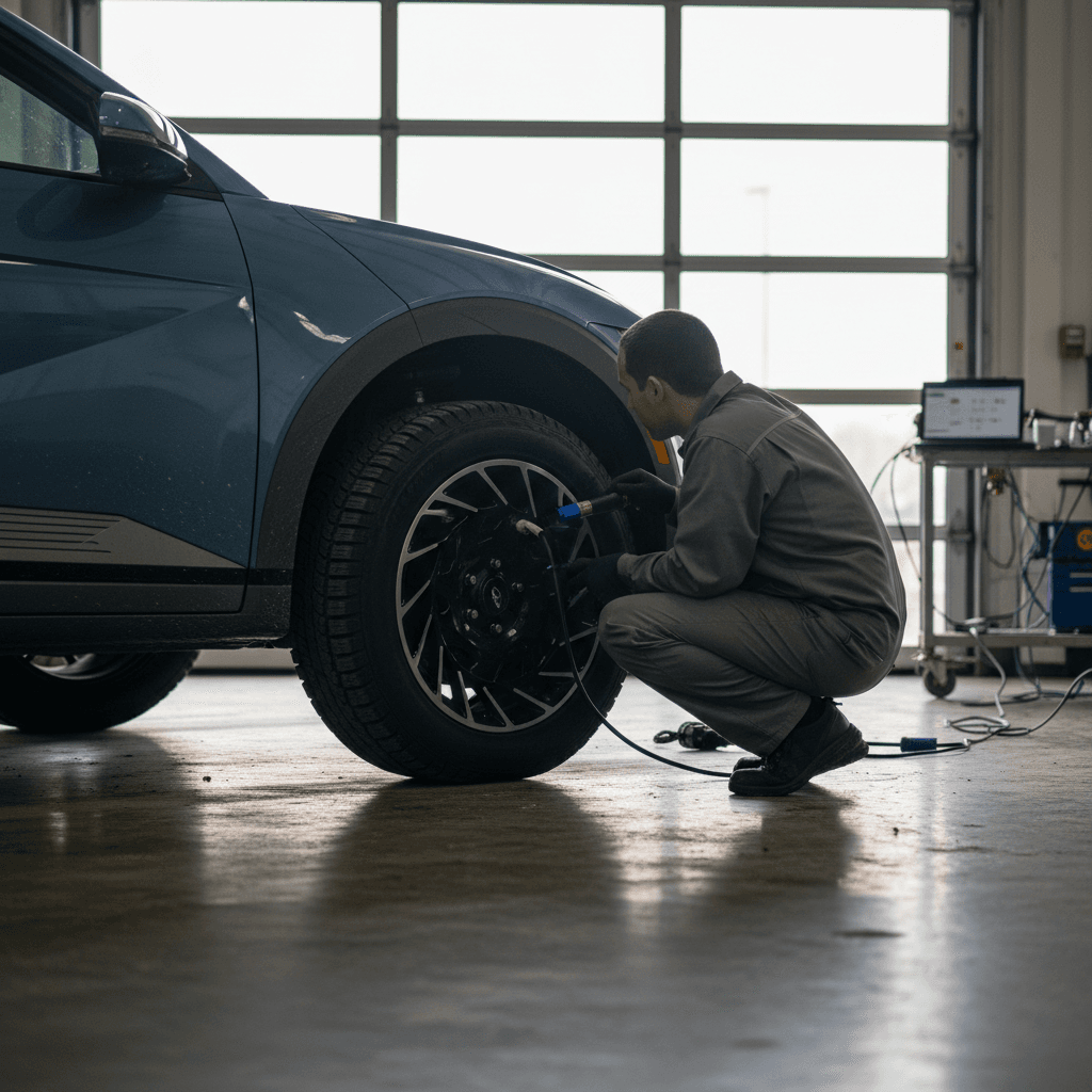Technician inspecting front suspension components on a lifted 2025 Hyundai Ioniq 5 in a service bay