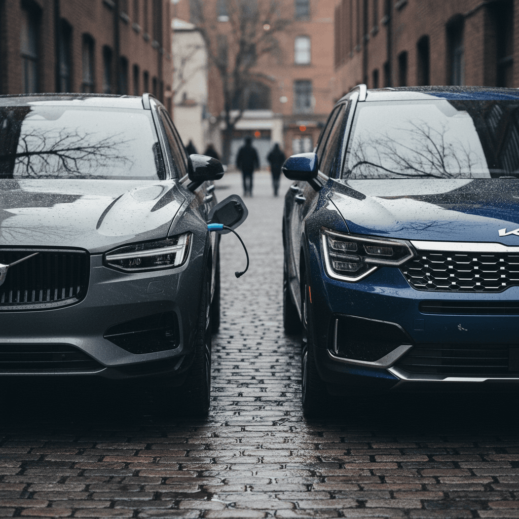 Volvo EX90 and Kia EV9 parked side by side, highlighting their different design philosophies as large electric family SUVs