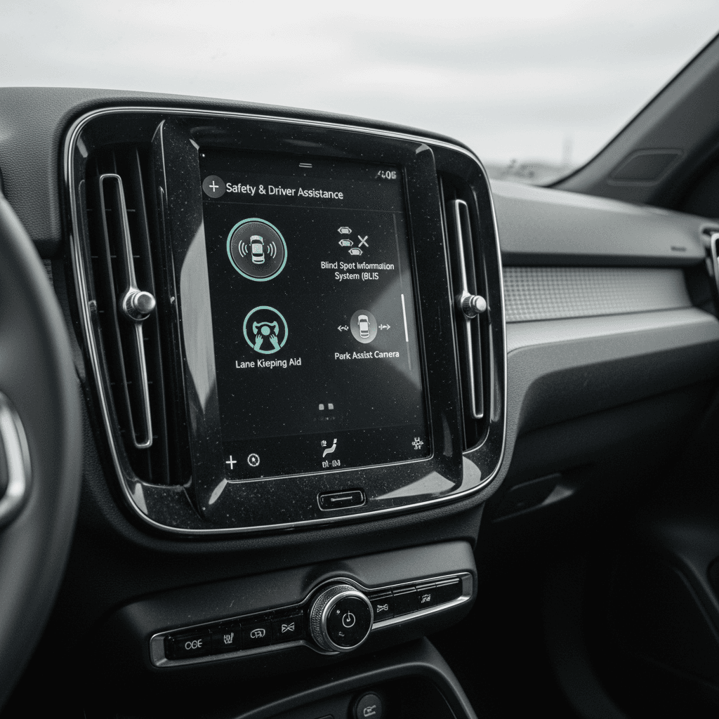 Center touchscreen of a Volvo EX30 showing driver assistance and warning icons, highlighting the role of software in reliability.