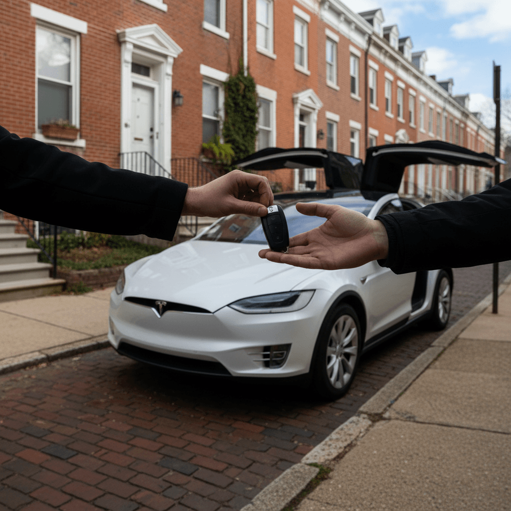Tesla Model X owner shaking hands with a buyer on a tree-lined Maryland street