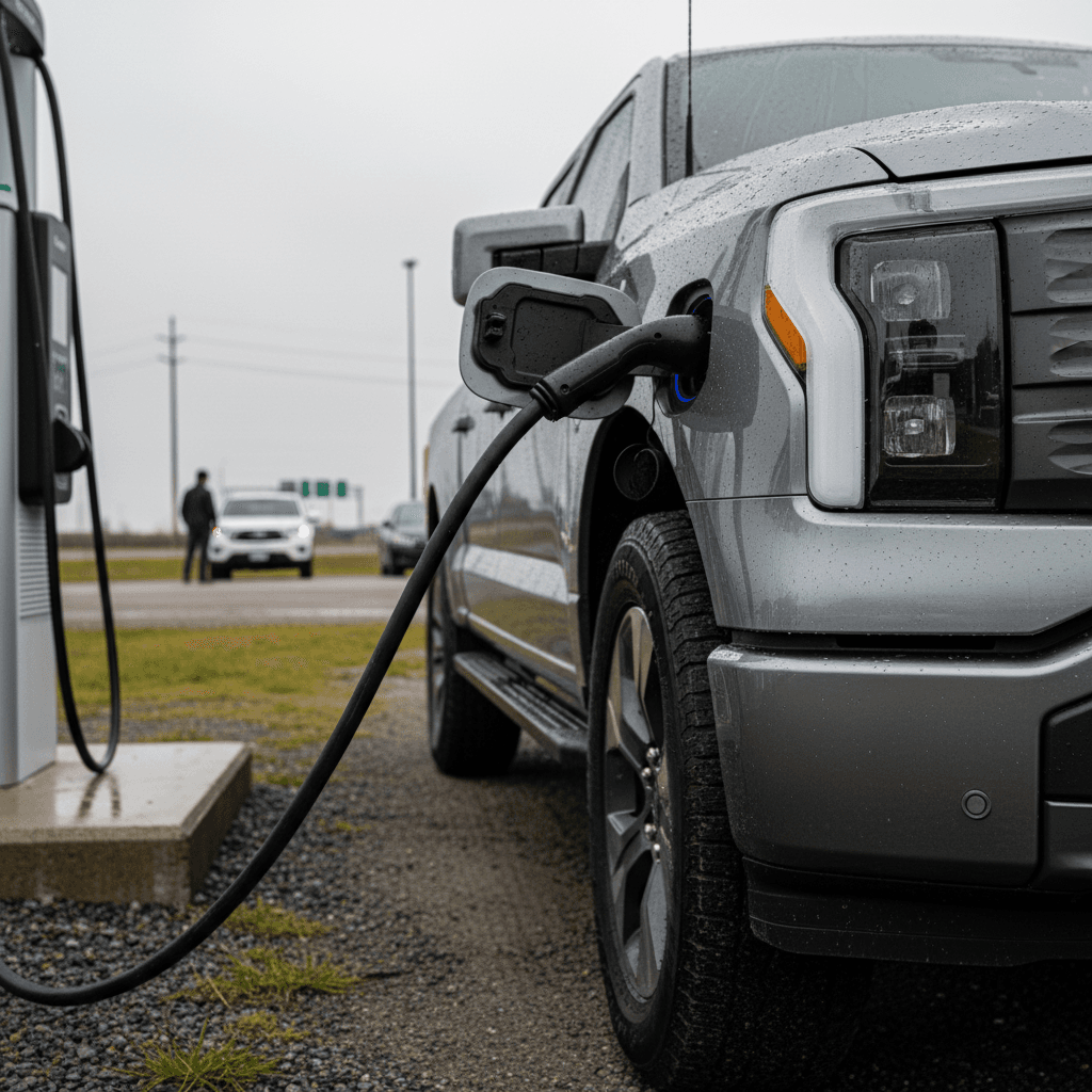A 2022 Ford F-150 Lightning plugged into a DC fast charger at a roadside station