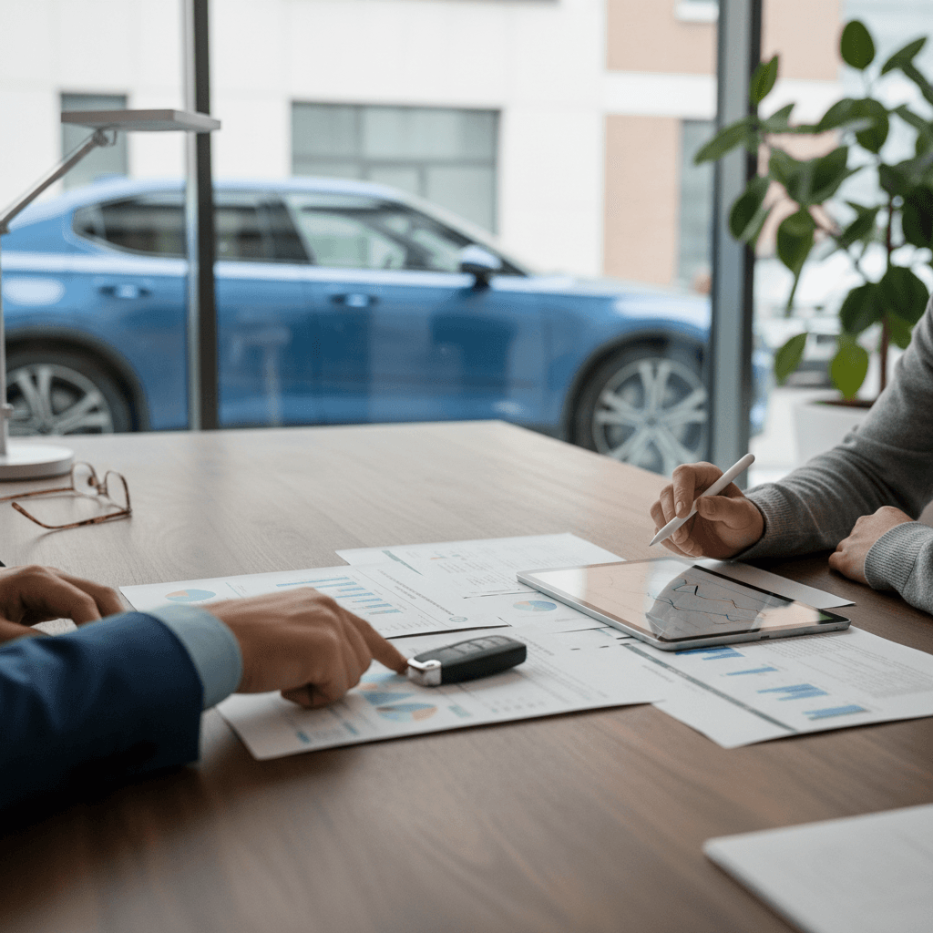 Polestar 2 owner reviewing insurance documents with an agent at a desk