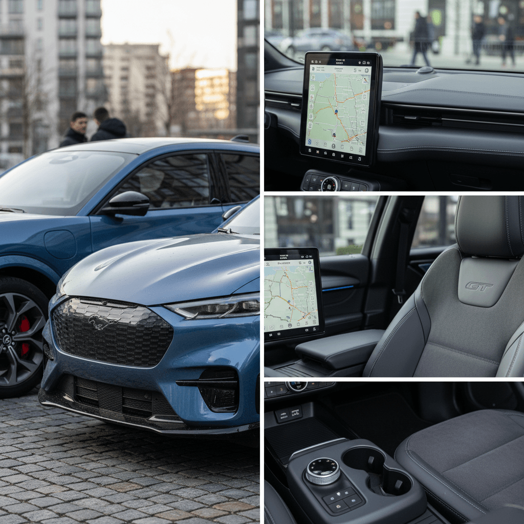 Ford Mustang Mach-E Select, Premium, and GT parked side by side showing exterior and interior differences