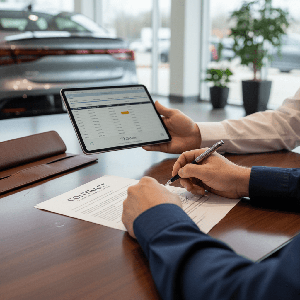 Customer in North Carolina reviewing monthly EV lease payment options and terms with a dealership finance manager at a desk.