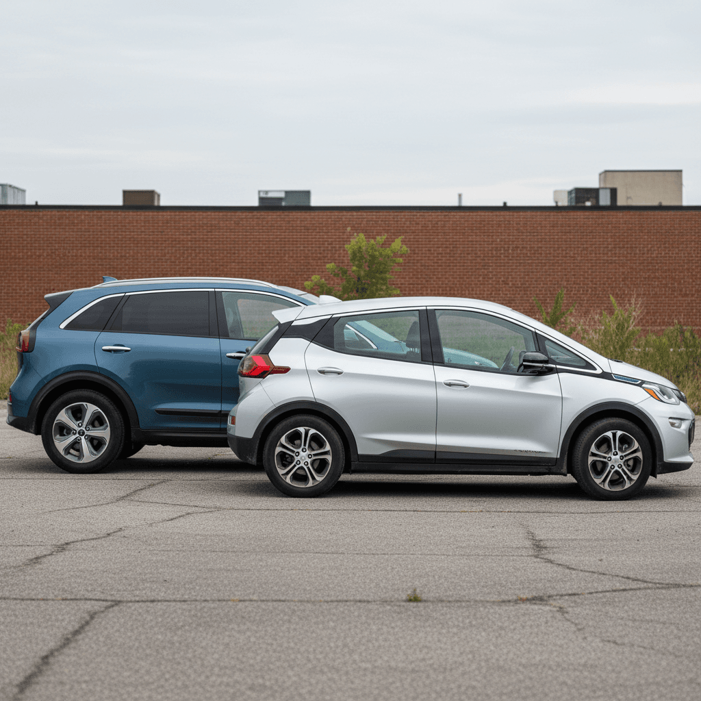 Side-by-side view of a Kia Niro EV and Chevrolet Bolt EV parked, showing their different heights and body styles