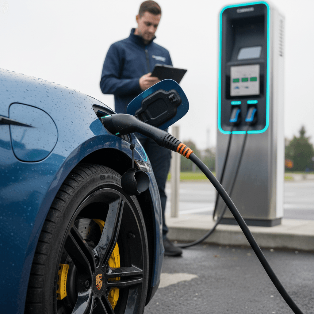 Close-up of a Porsche Taycan plugged into a public fast charger while a technician checks diagnostics on a tablet