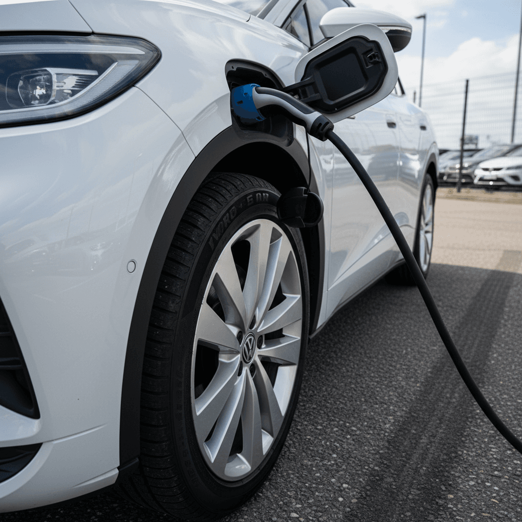 Clean 2022 Volkswagen ID.4 with charging port and wheels in good condition at a used EV lot