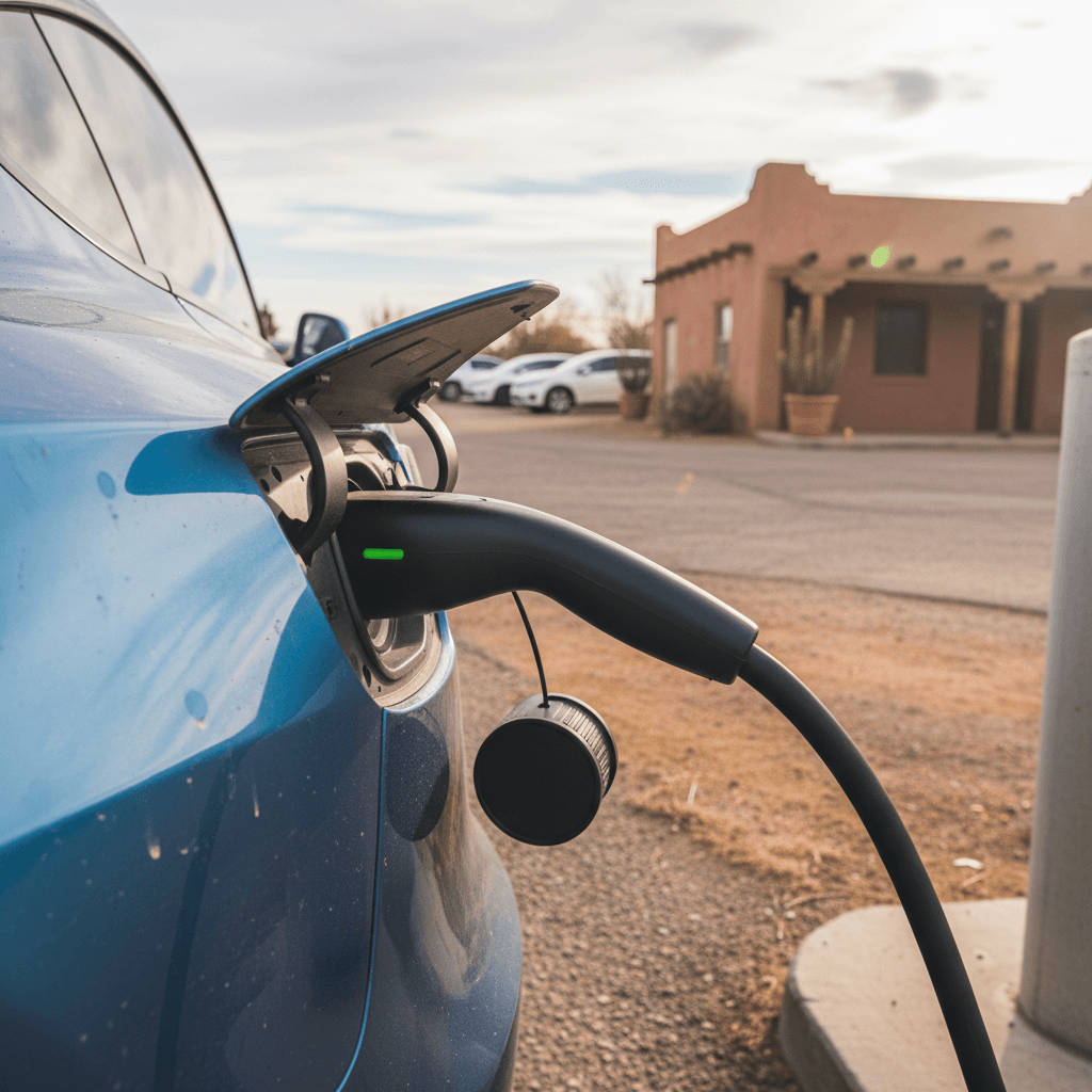 Row of new electric cars on display at a Texas dealership lot