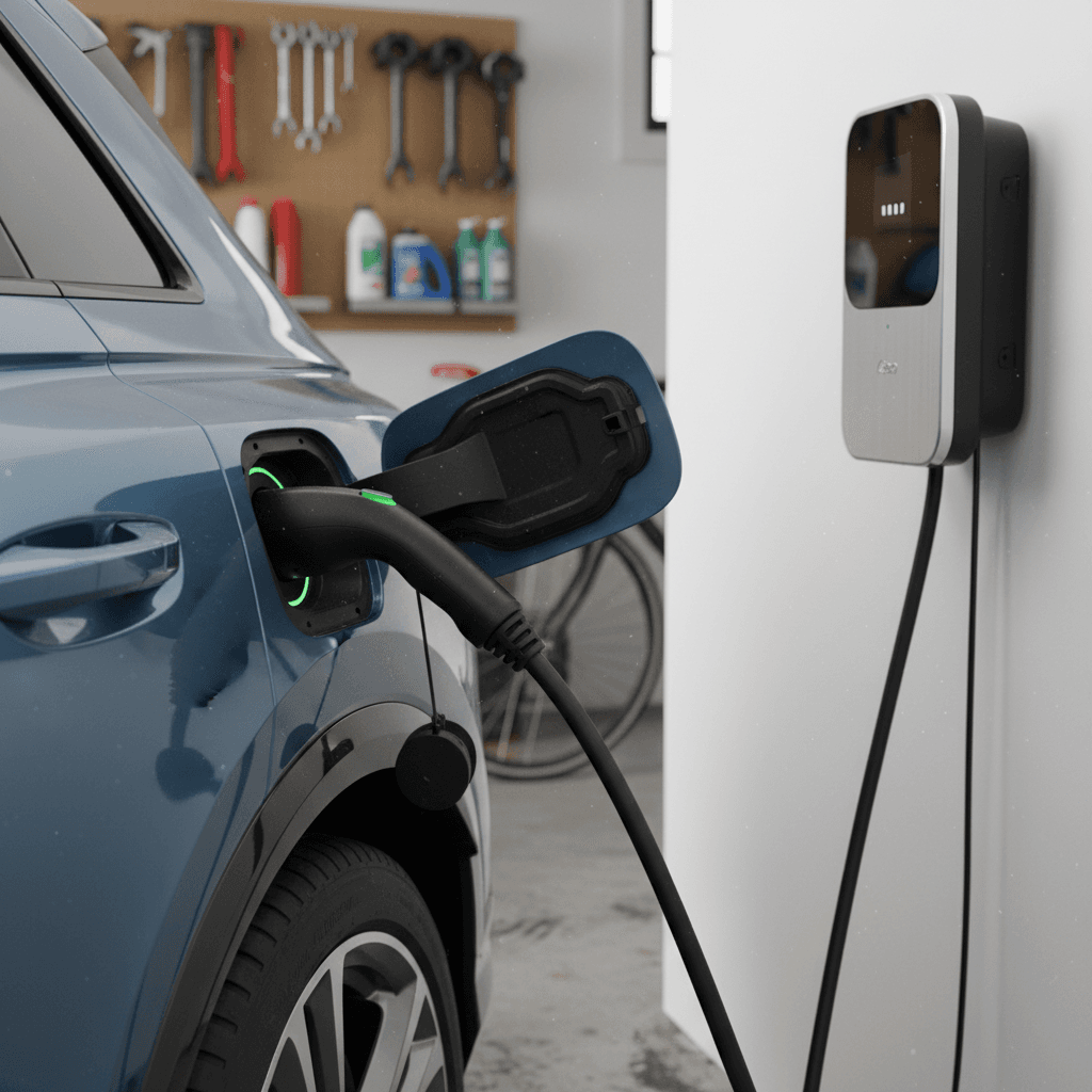Audi Q4 e-tron charging at a Level 2 home wallbox in a modern garage