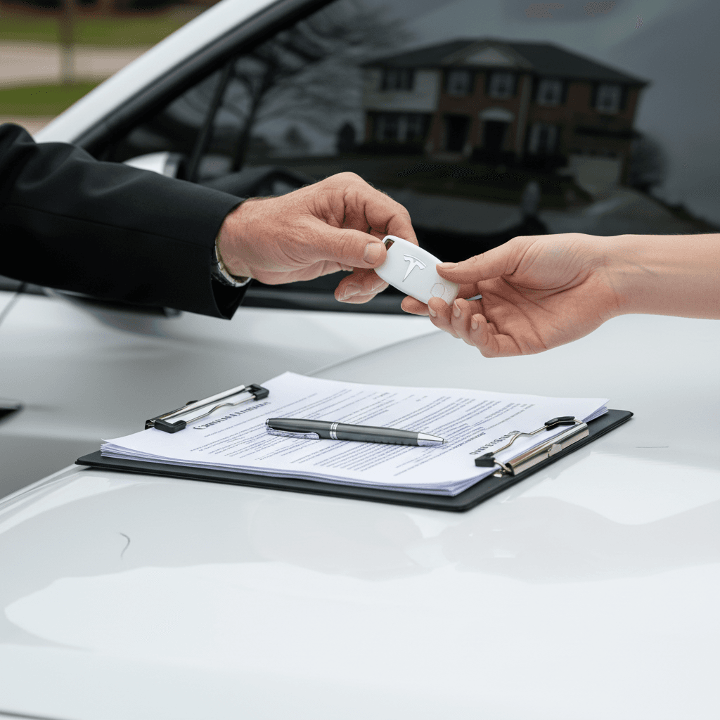 Seller handing keys to a Tesla Model X buyer in front of a New Jersey home while reviewing paperwork.