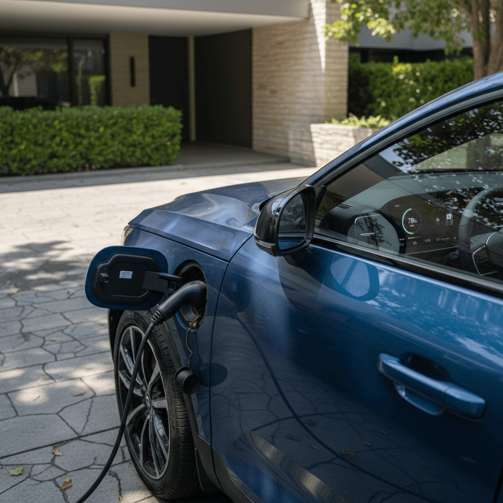Volvo C40 Recharge plugged into a home Level 2 charger with battery status shown on the center screen
