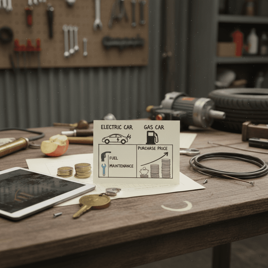 Illustrated comparison of electric vs gas car total cost of ownership, showing fuel, maintenance, and purchase price bars side by side
