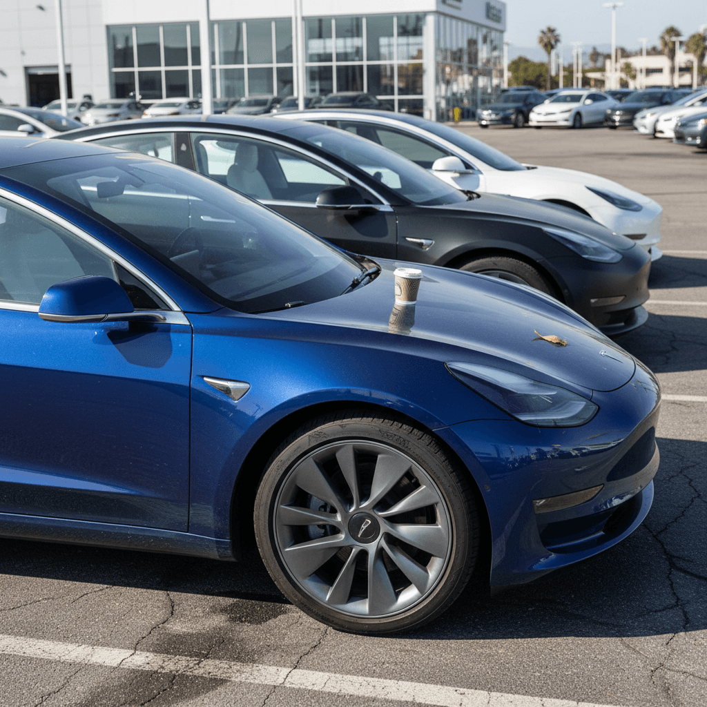 Row of used Tesla Model 3 sedans in different trims and colors parked at a dealership lot