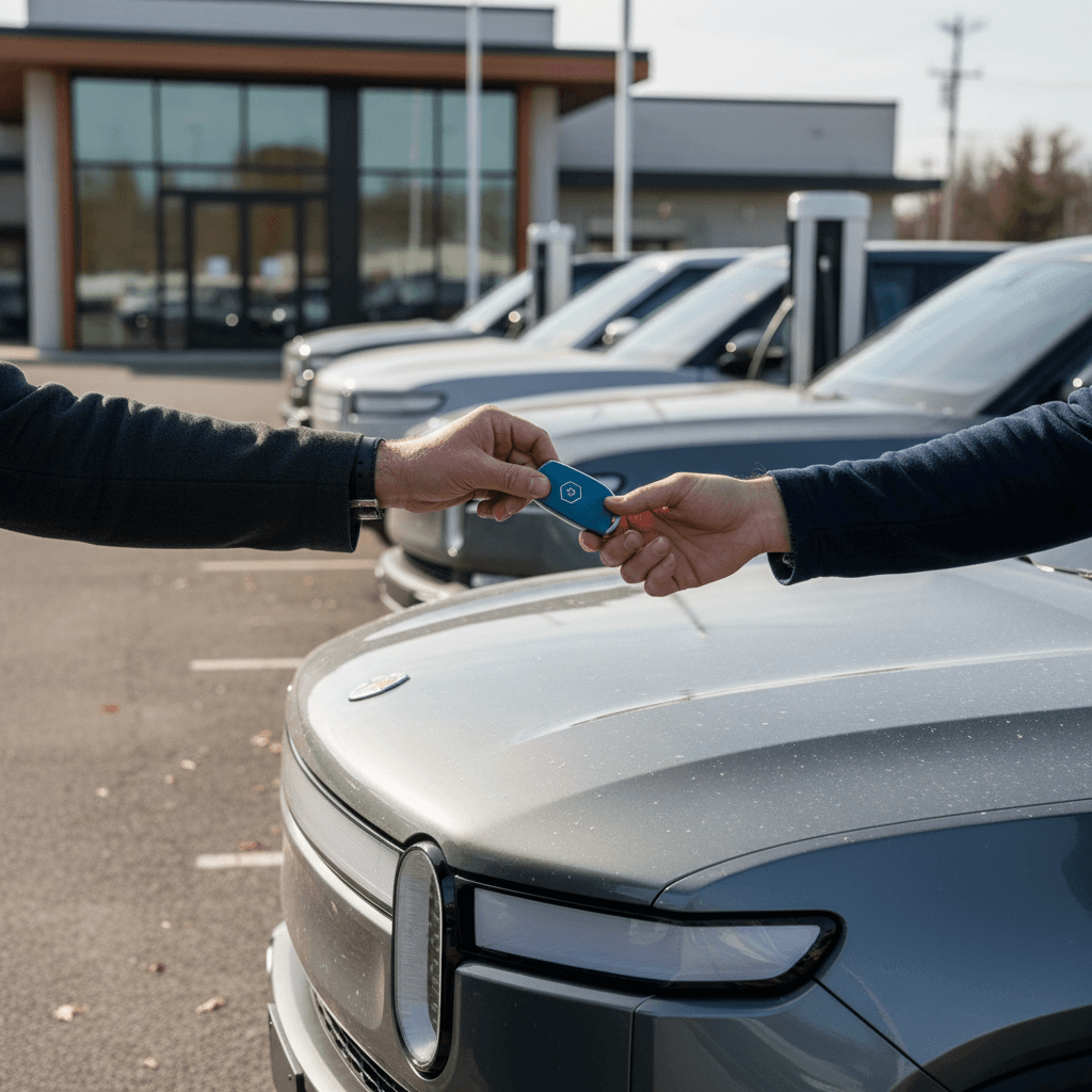Owner handing over keys of a Rivian R1S to a buyer at a modern EV-focused dealership