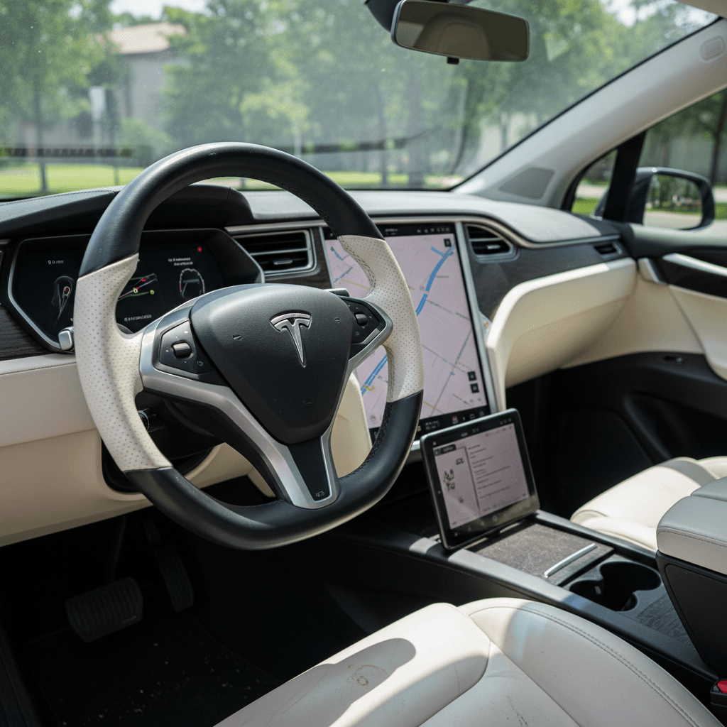 Modern Tesla Model X interior from the driver seat, showing center screen, yoke-style steering, and rear-seat display