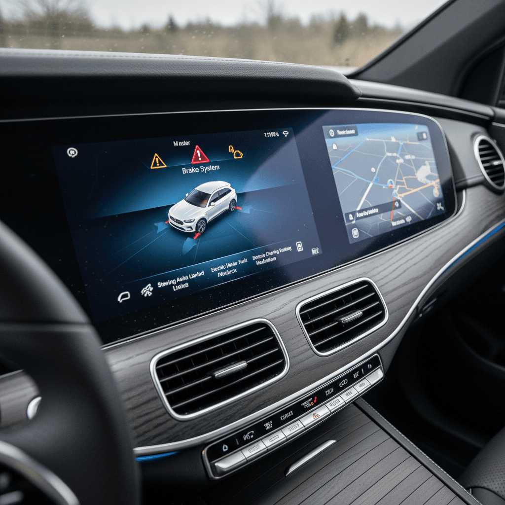 Mercedes EQS interior with central touchscreen showing vehicle alerts and menus