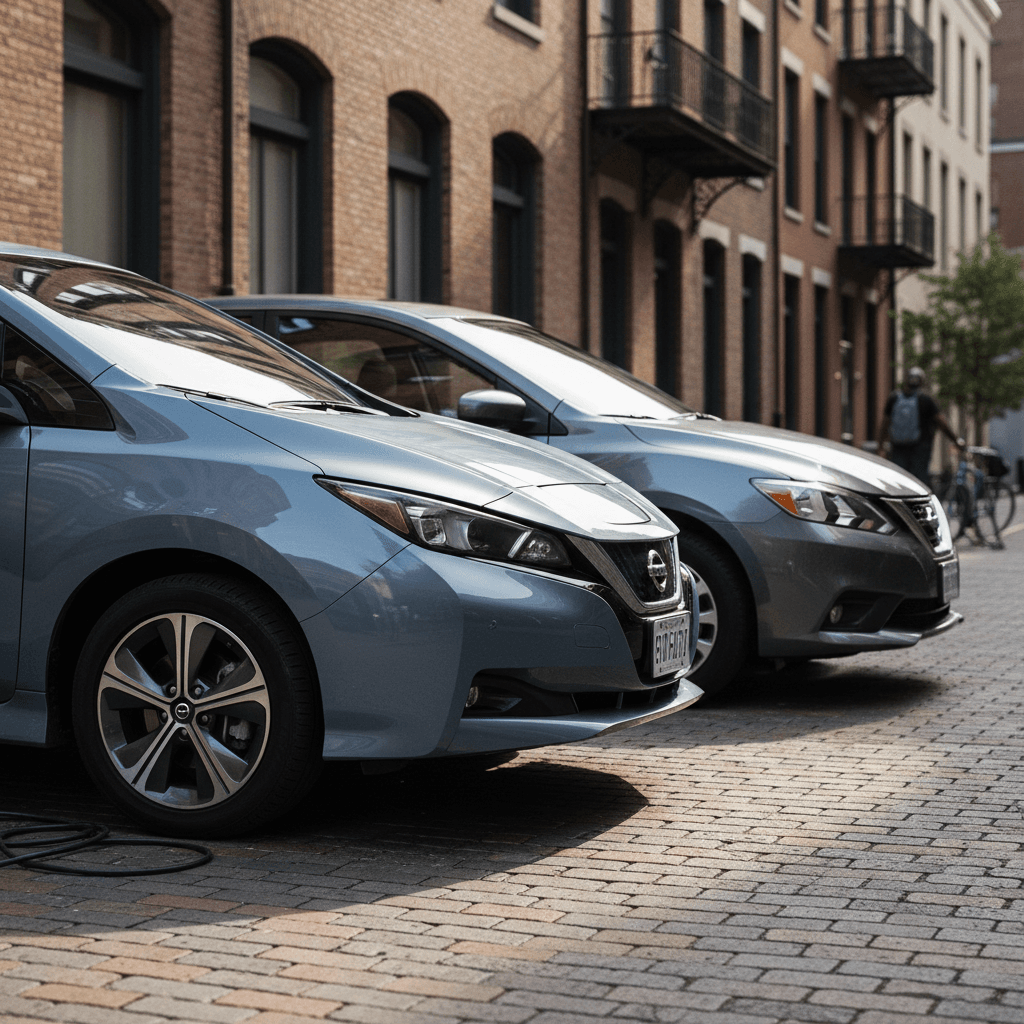 Nissan Leaf hatchback next to a Nissan Sentra sedan on a downtown street, highlighting their different body styles and purposes