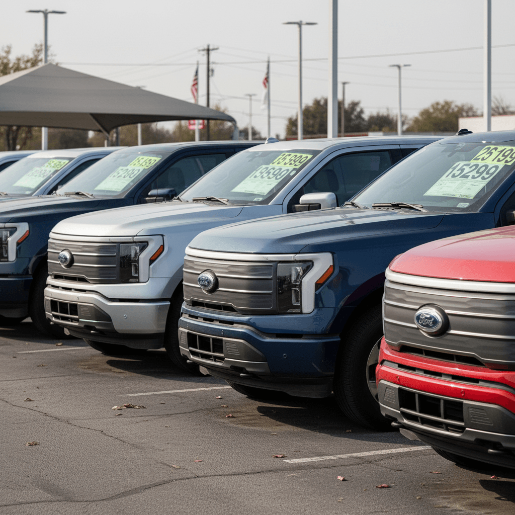 Salesperson using a tablet to review trade-in appraisal details on a Ford F-150 Lightning in a dealership lot