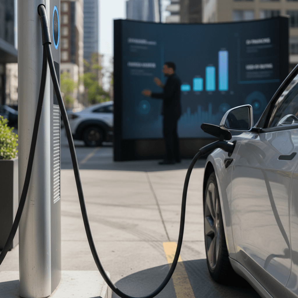 Row of electric cars charging at a modern dealership lot