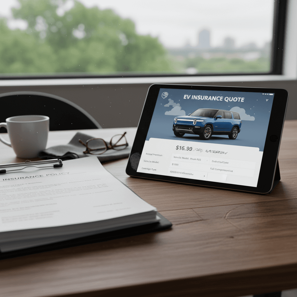 Insurance documents and a digital quote for a Rivian R1S electric SUV on a tablet.