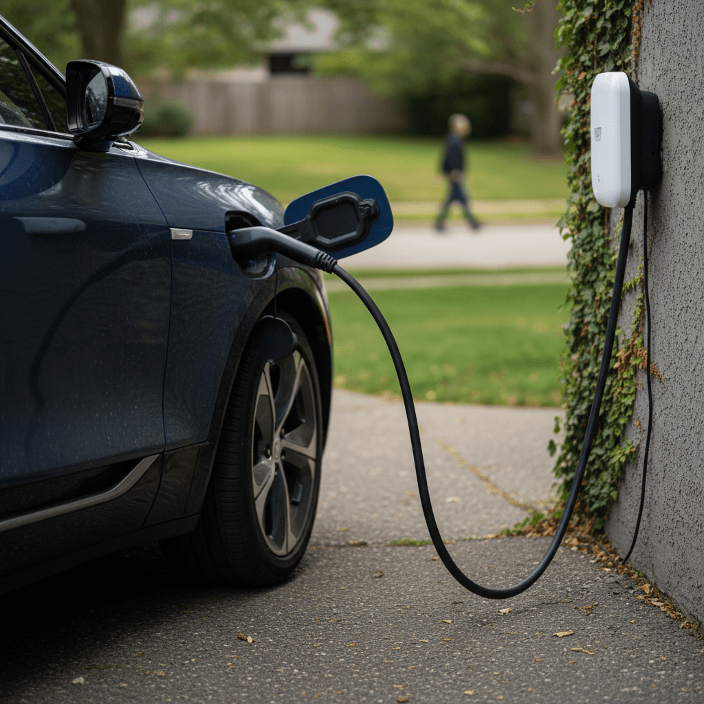 A 2025 Cadillac Lyriq plugged into a Level 2 home charger in a suburban driveway