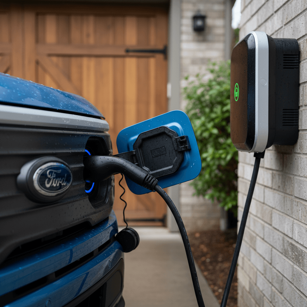 Ford F-150 Lightning plugged into a wall-mounted Level 2 home charger in a garage