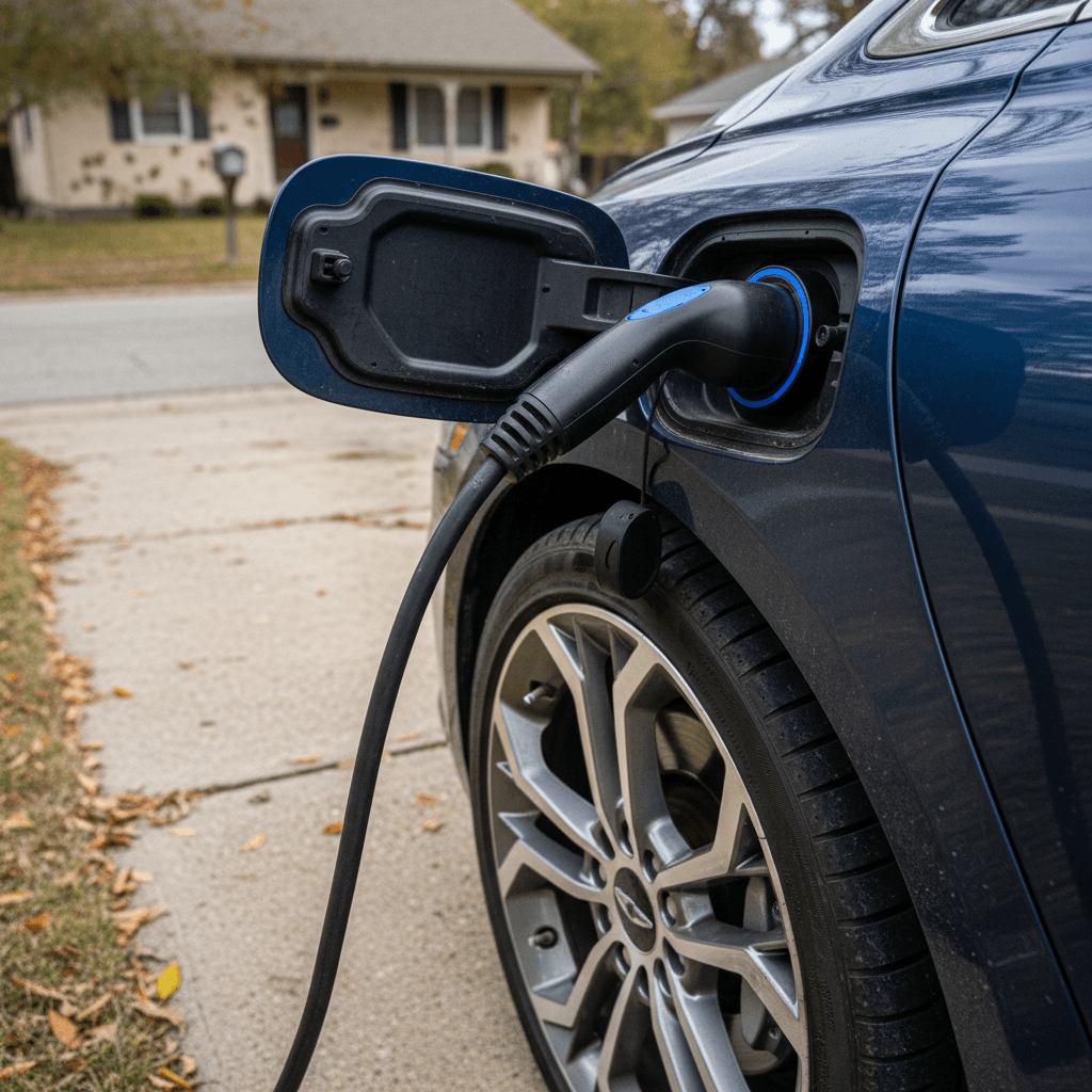 Genesis G80 Electrified plugged into a home charger, highlighting the charging port and wheel design