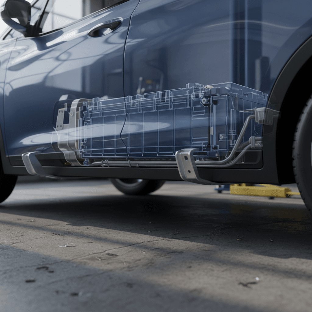 Illustrated side view of a Chevrolet Bolt EV with its underfloor battery pack highlighted, emphasizing where battery reliability matters most