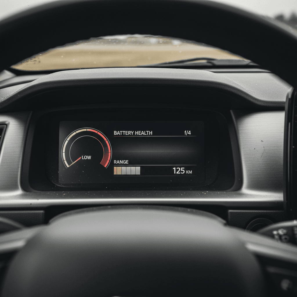 Dashboard-style gauge showing electric car battery state of health in the yellow zone, indicating reduced capacity and range