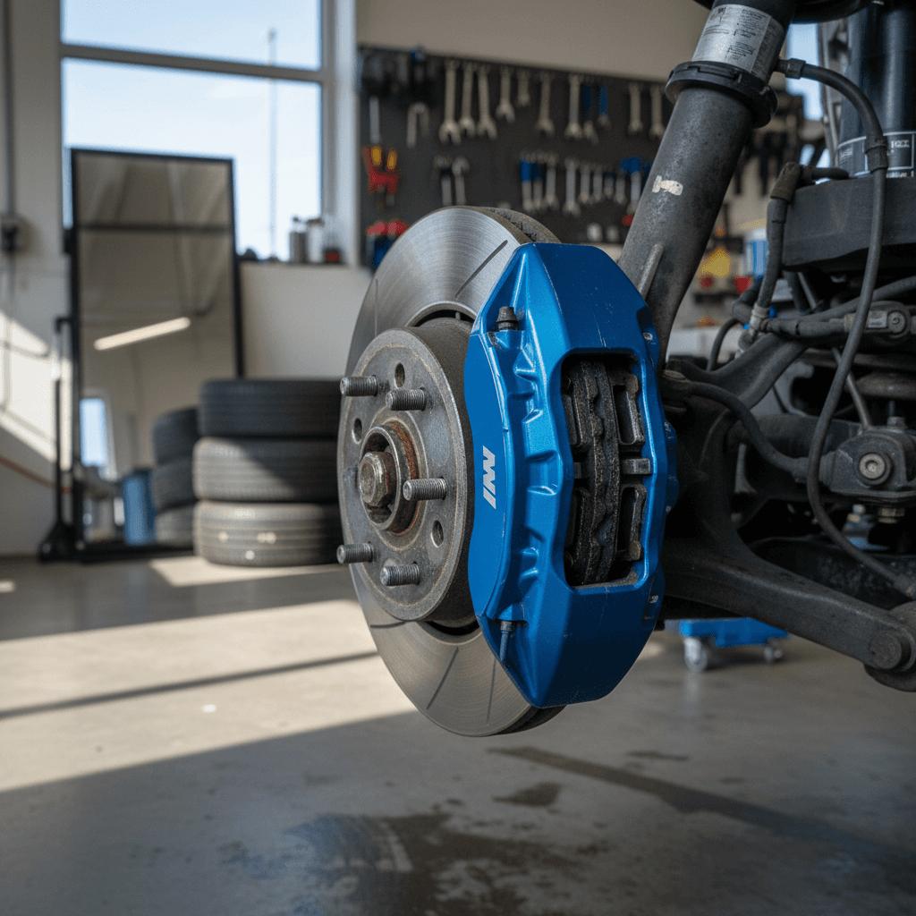 Front brake assembly of a BMW i4 with wheel removed, showing caliper, pads, and rotor on a lift