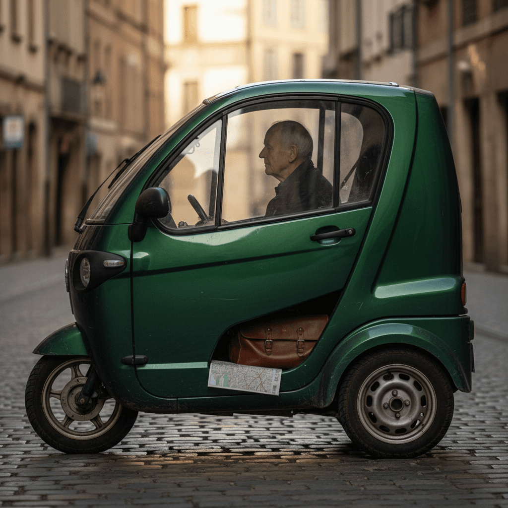 Tiny electric microcar parked on a city street among larger vehicles