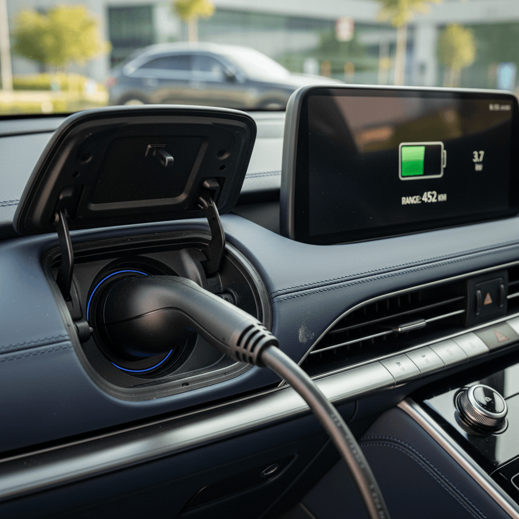 Genesis Electrified GV70 plugged in with digital dashboard showing battery status and range estimate