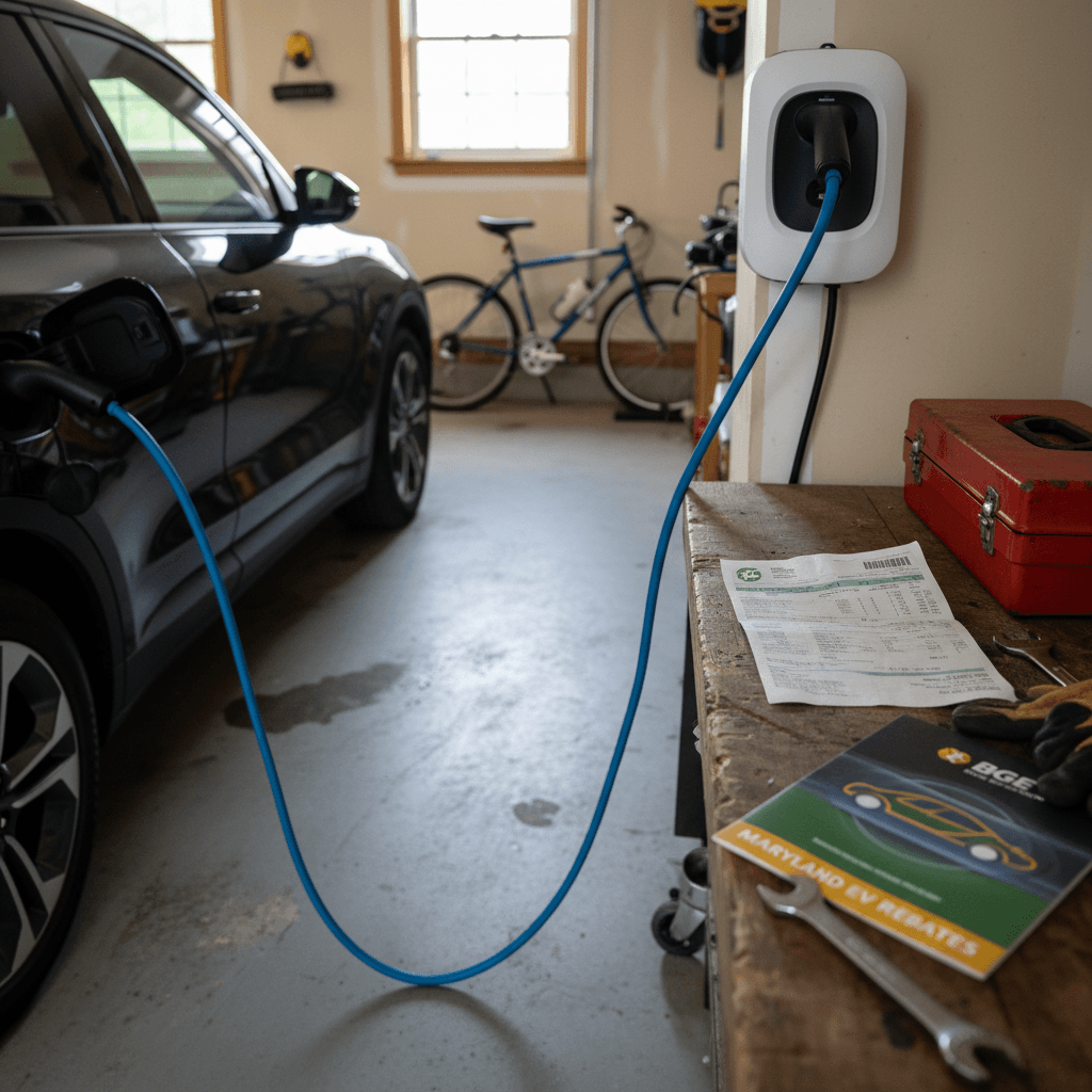 Electric vehicle charging at a home Level 2 charger in a suburban Maryland driveway