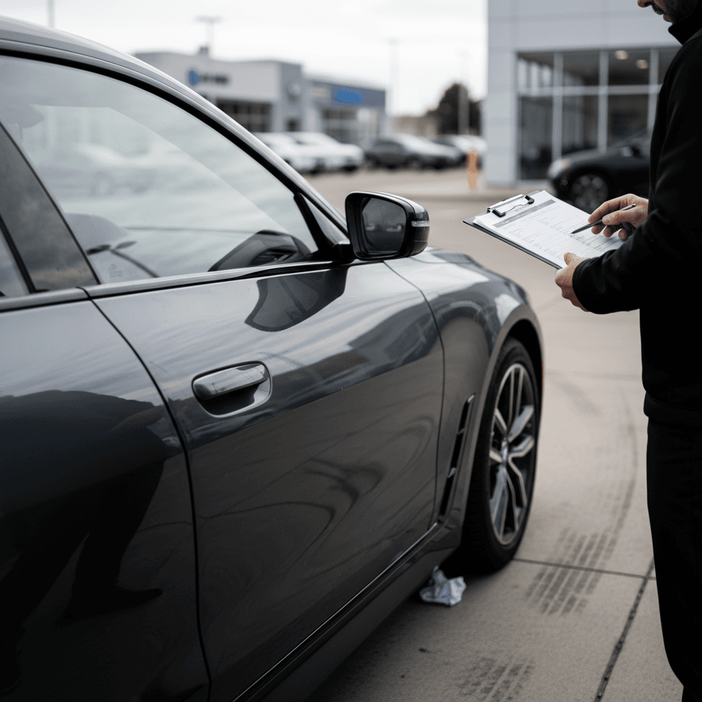 2024 BMW i4 being inspected by an EV specialist appraiser at a dealership