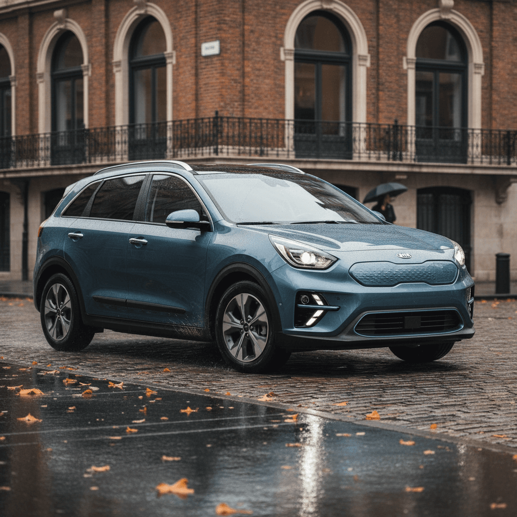 Compact electric crossover similar to a Kia Niro Electric driving through a modern city street