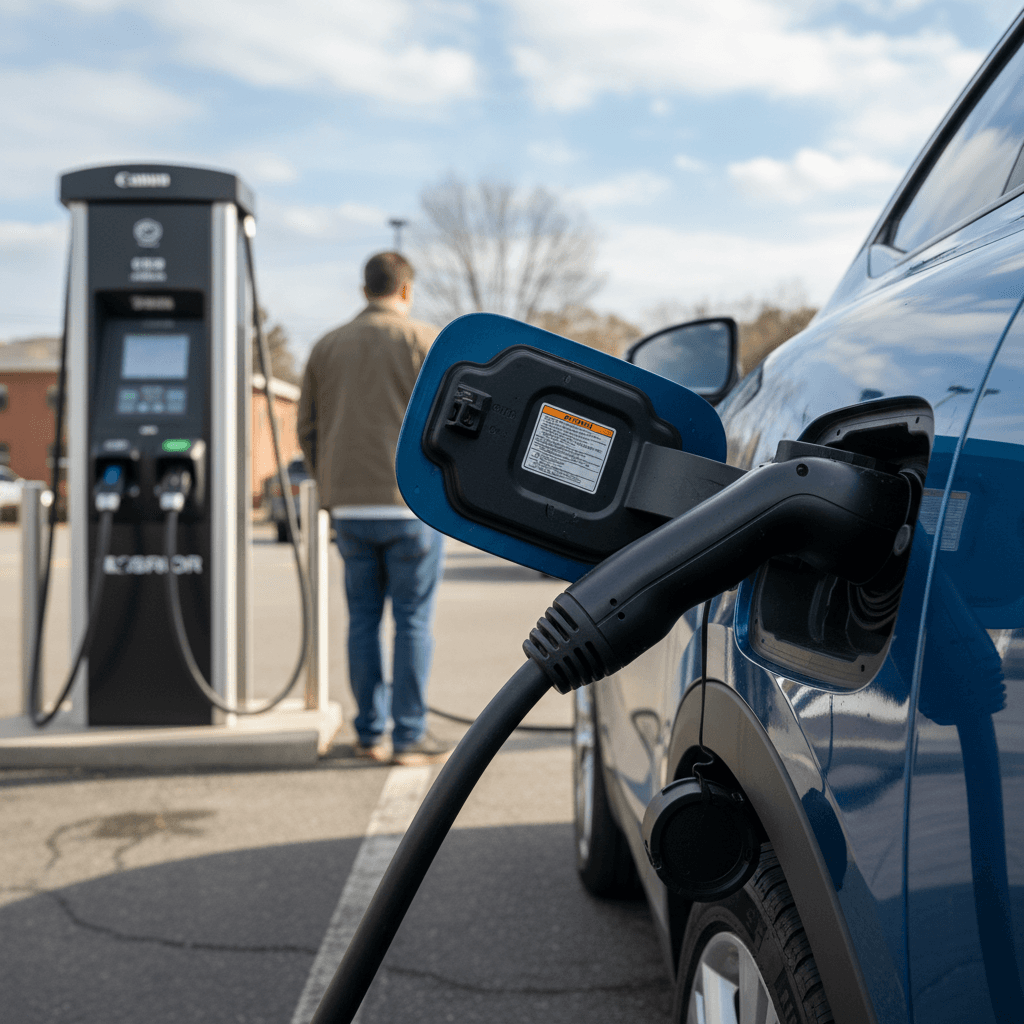 Driver plugging an electric vehicle into a DC fast charger in a Richmond, VA shopping center parking lot