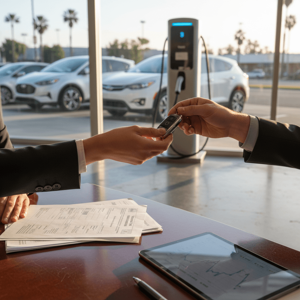 Customer trading in an electric car at a California dealership, handing over keys next to an EV charging station