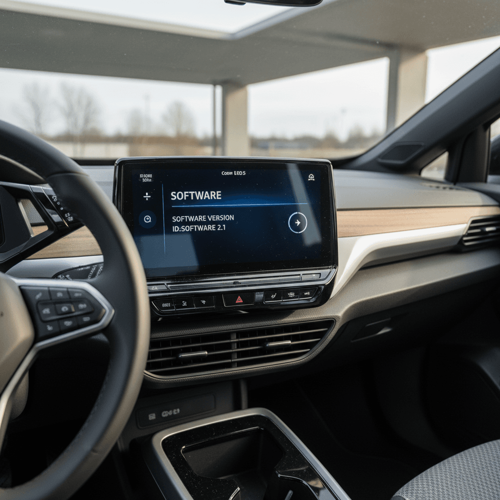 VW ID.4 infotainment screen open to software information menu showing ID. Software version