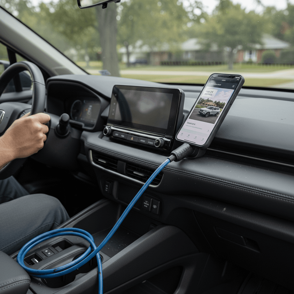 Person photographing a Honda Prologue while connected to a home charger before listing it for sale online